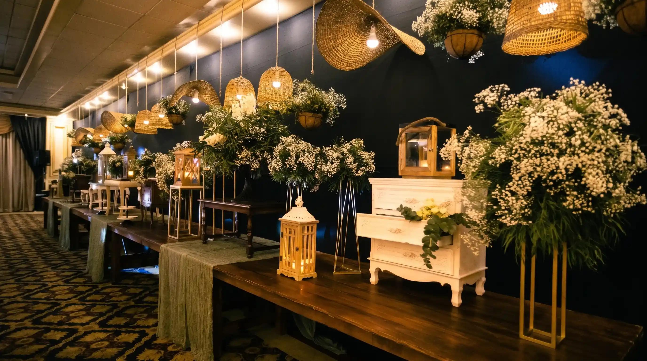 Salón de eventos ambientado con faroles, lámparas de mimbre colgantes y arreglos de paniculata y follaje sobre una mesa de madera