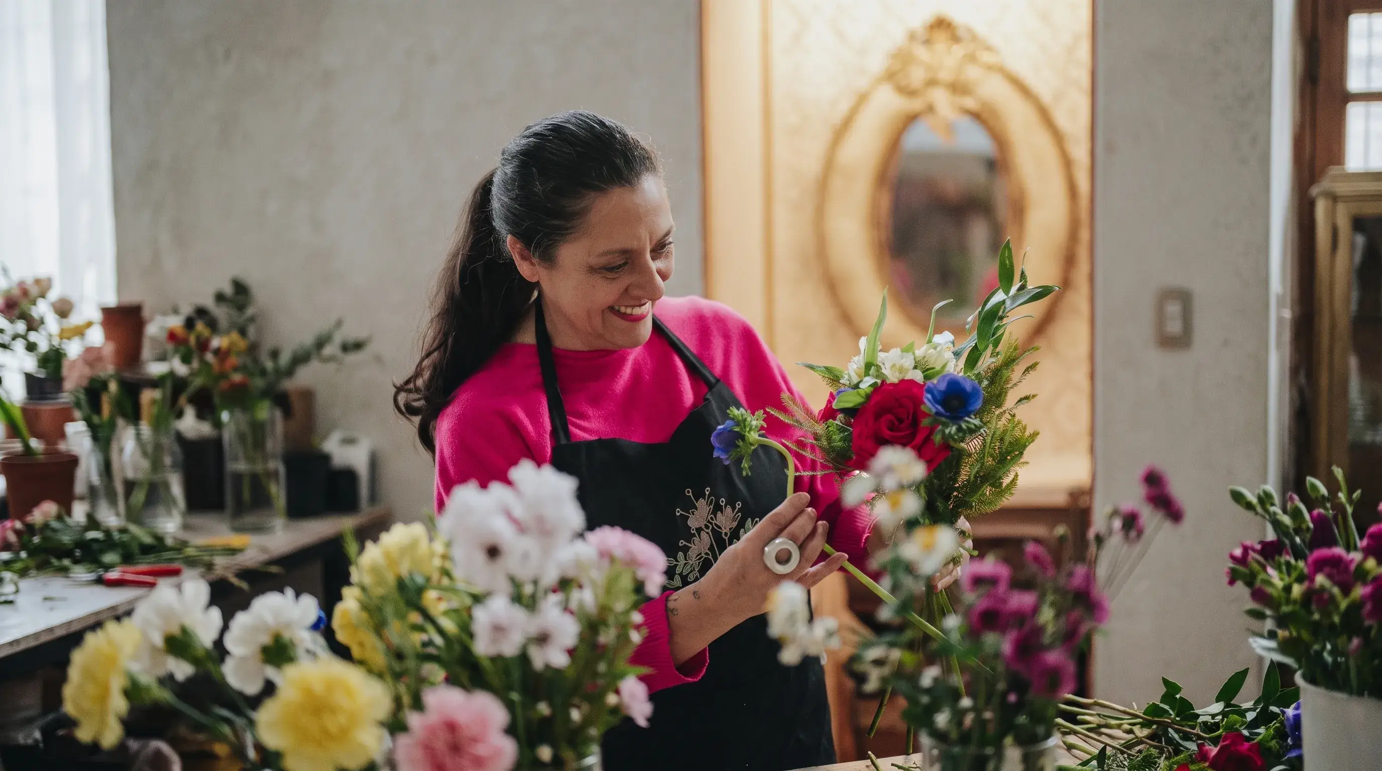 Florista sonriente armando un ramo en su taller, rodeada de flores frescas
